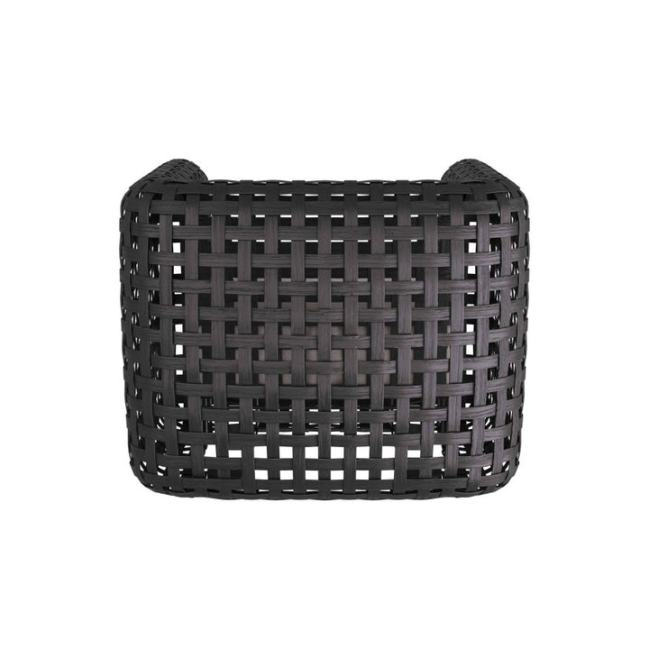 Black woven basket on a white background