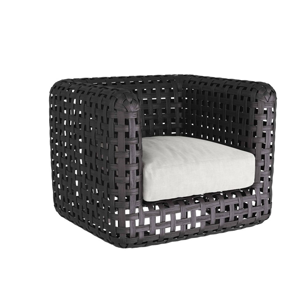 Black woven chair with a white cushion on a white background