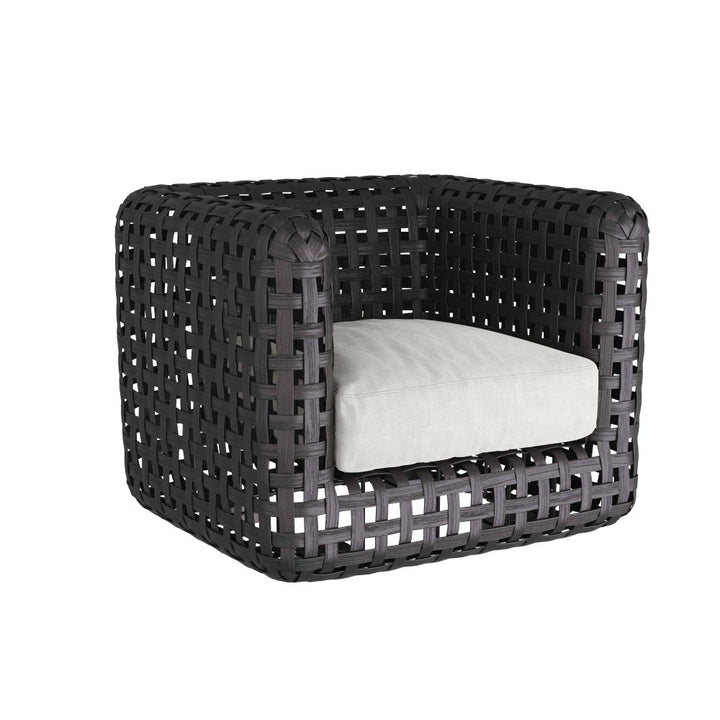 Black woven chair with a white cushion on a white background