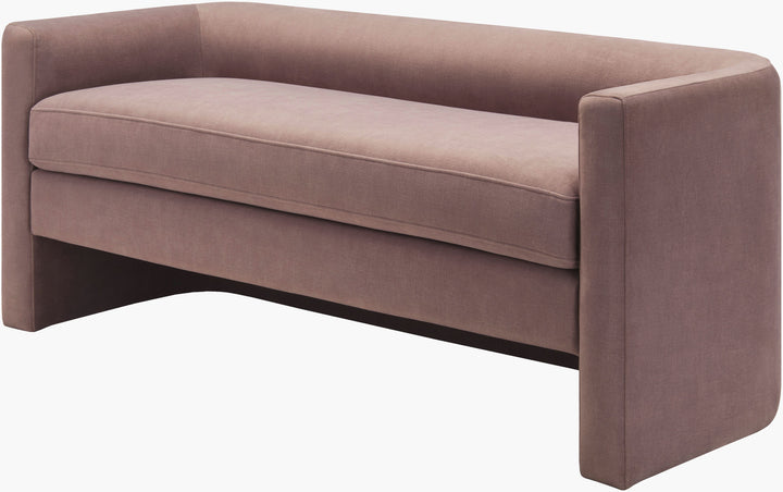 MaryAnn Bench in dusty plum upholstery with curved back on white background