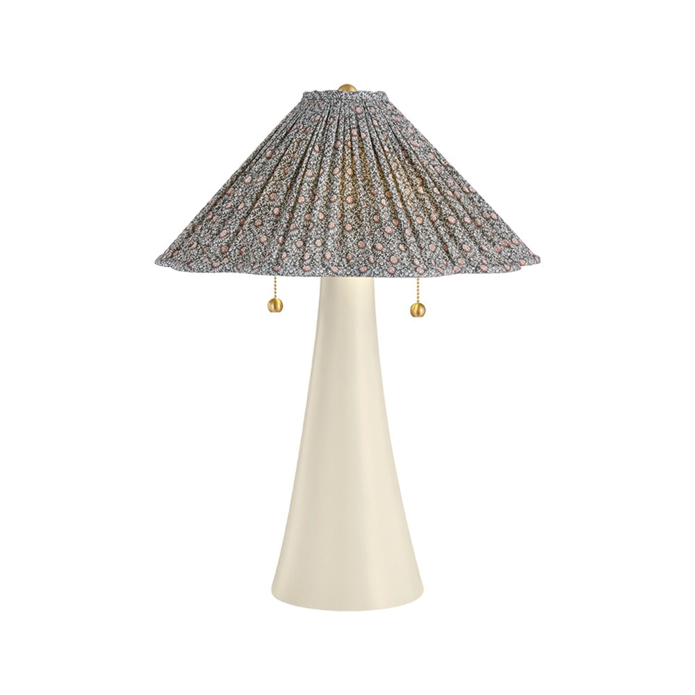 Alana antique ivory ceramic table lamp with scalloped shade and aged brass pull chains