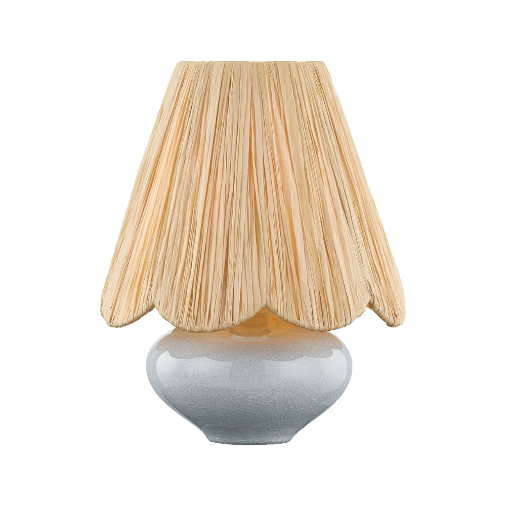 Cailyn Frost Crackle ceramic table lamp with scalloped natural raffia shade and aged brass hardware