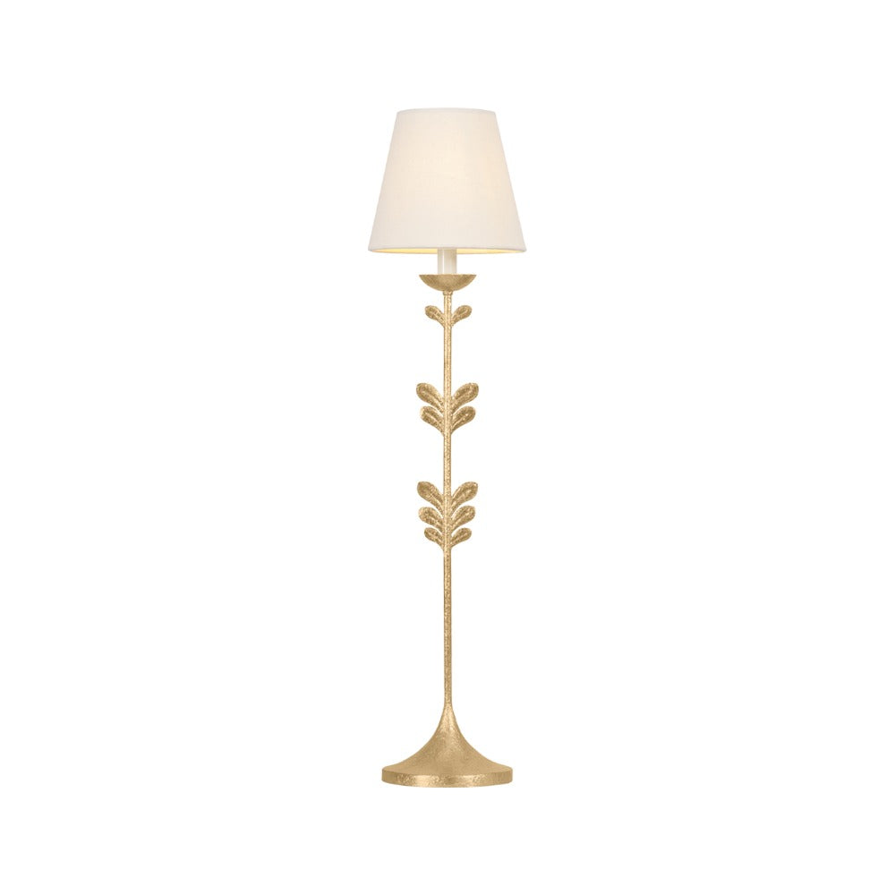 Florian slim vintage gold leaf buffet table lamp with leaf-like accents and linen shade
