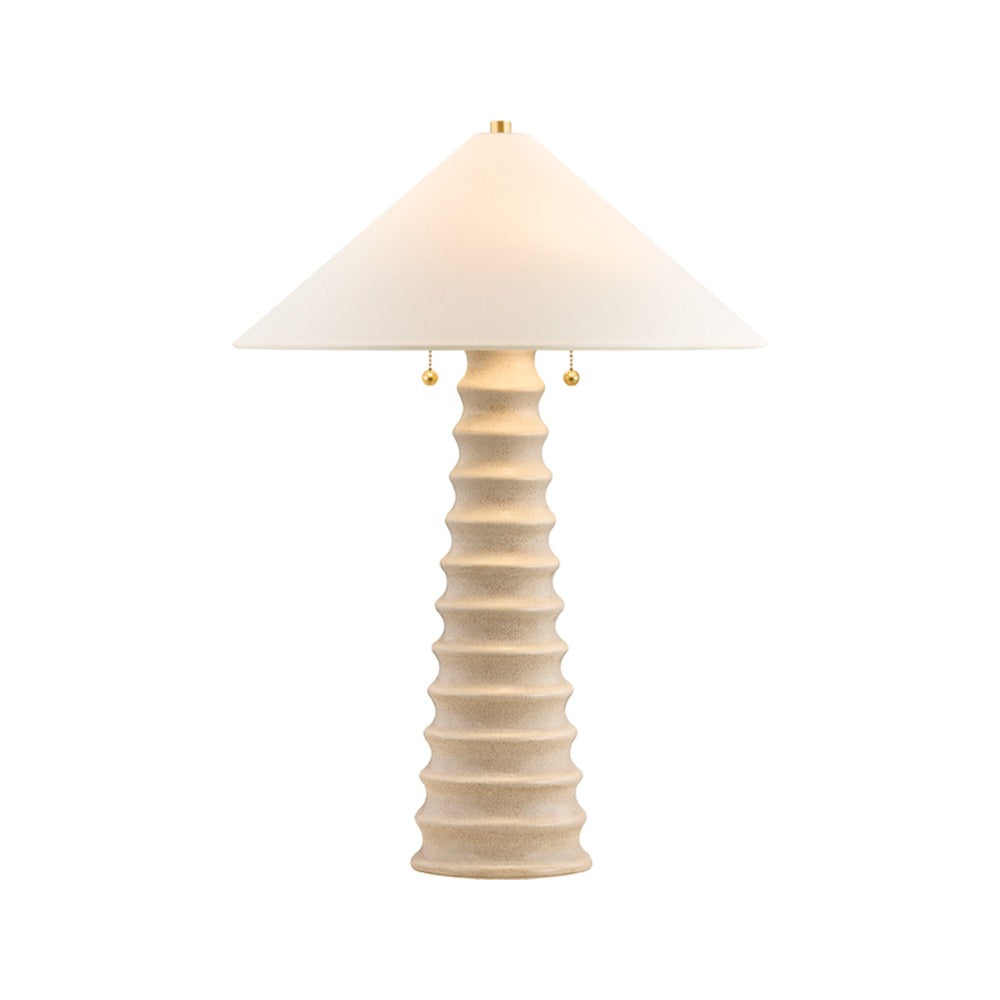 Franconia fluted Ceramic Cornsilk table lamp with aged brass pull chains and conical white linen shade