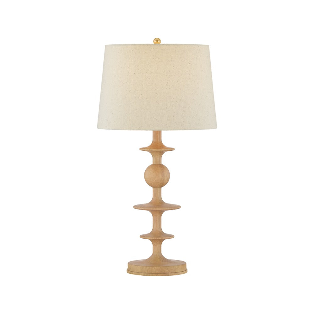 Jefferson Heights turned oak table lamp with aged brass hardware and wheat linen drum shade
