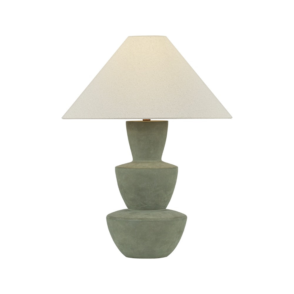 Kamas stacked three-bowl ceramic table lamp in Oak Moss glaze with sandstone linen shade