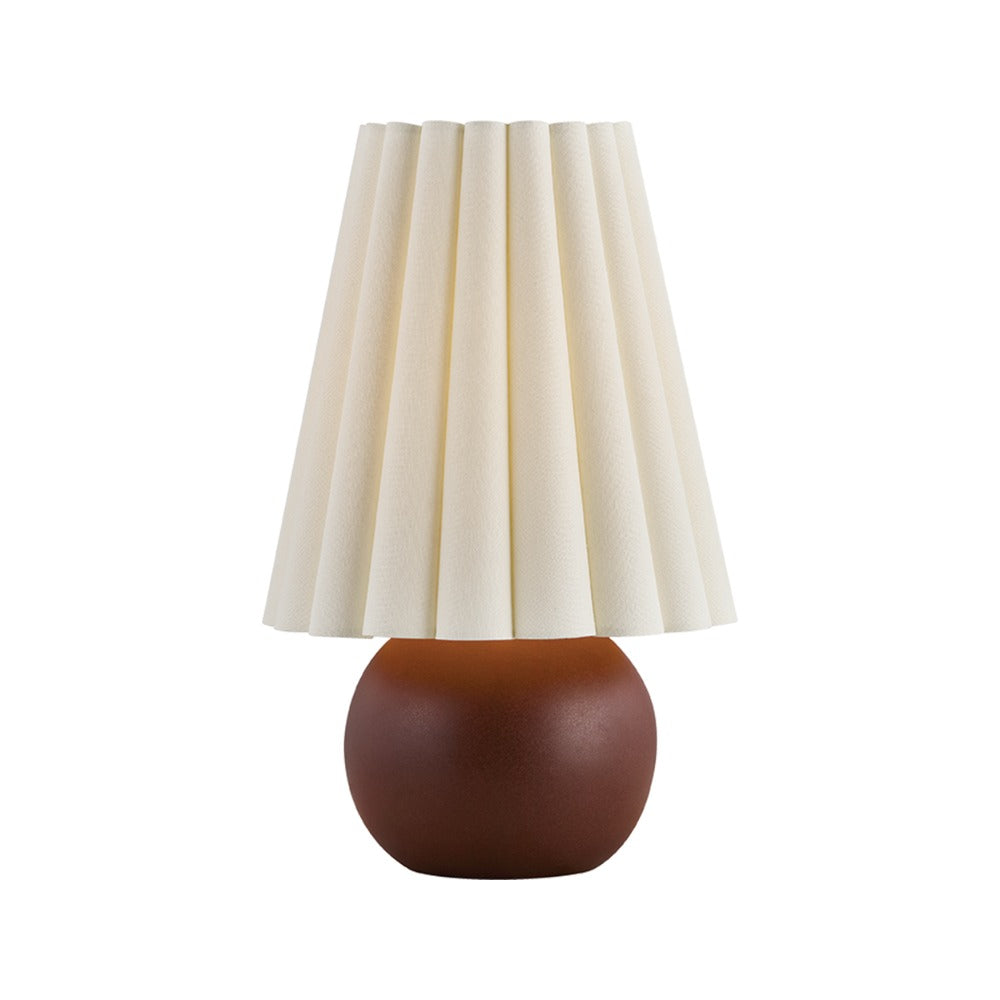 Katherine Burnished Chestnut ceramic table lamp with patina brass hardware and scalloped off-white linen shade