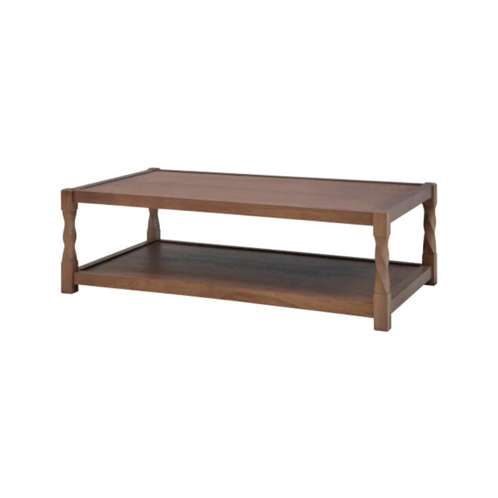 Isidor Coffee Table in brown lacquered oak with carved twist legs and lower shelf on white background