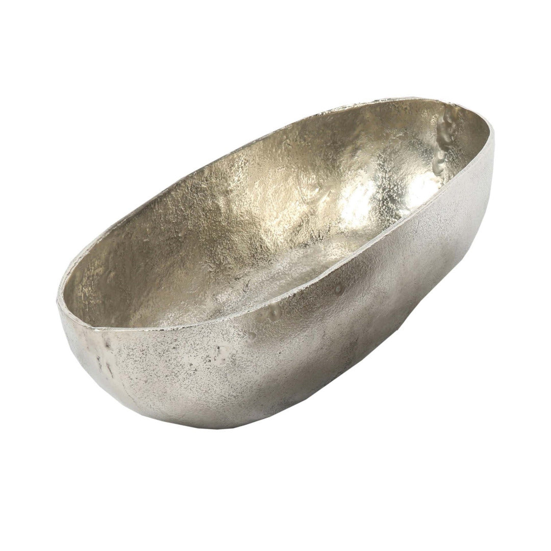 Silver bowl with a textured surface on a white background