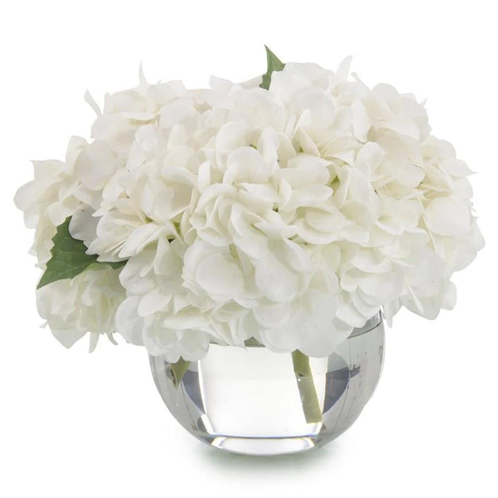 John-Richard Simply White Modern Hydrangeas Crystal Bowl Floral Arrangement