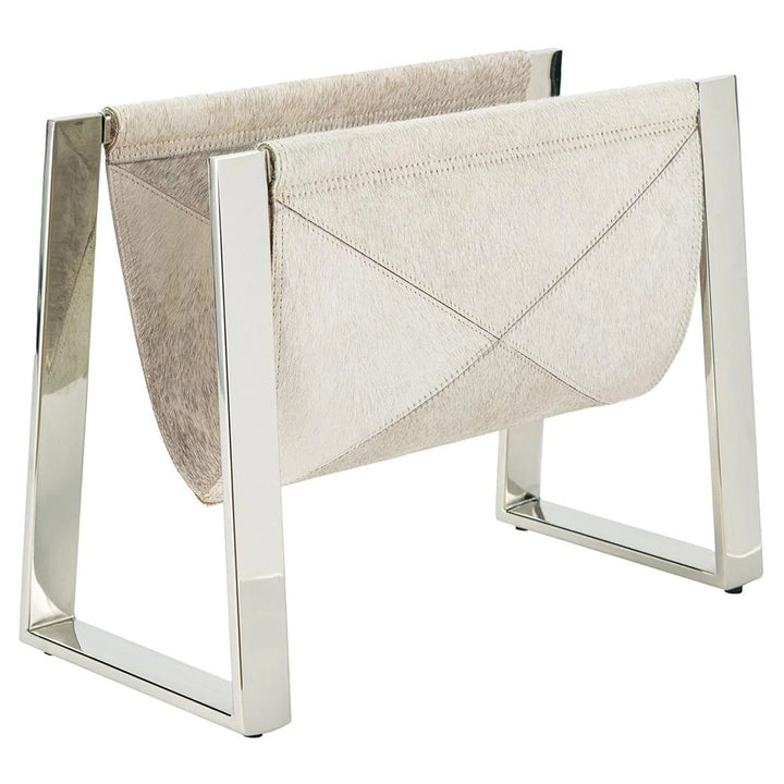 Andres Modern Polished Nickel Steel Grey Hide Magazine Rack