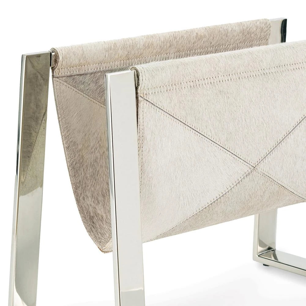 Andres Modern Polished Nickel Steel Grey Hide Magazine Rack