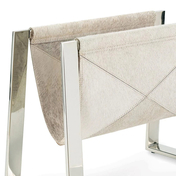 Andres Modern Polished Nickel Steel Grey Hide Magazine Rack