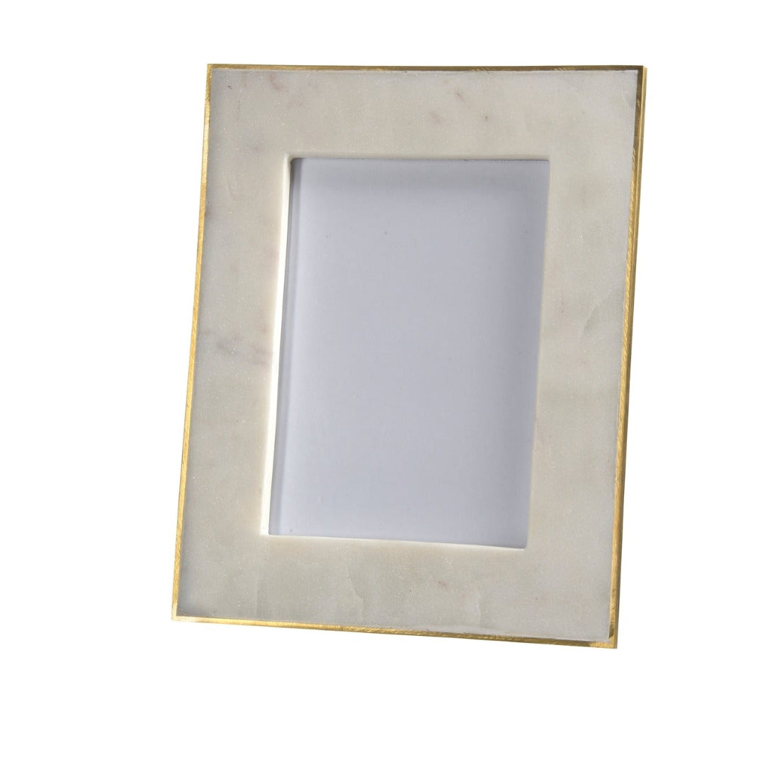 Rectangular picture frame with brass trim on a white background
