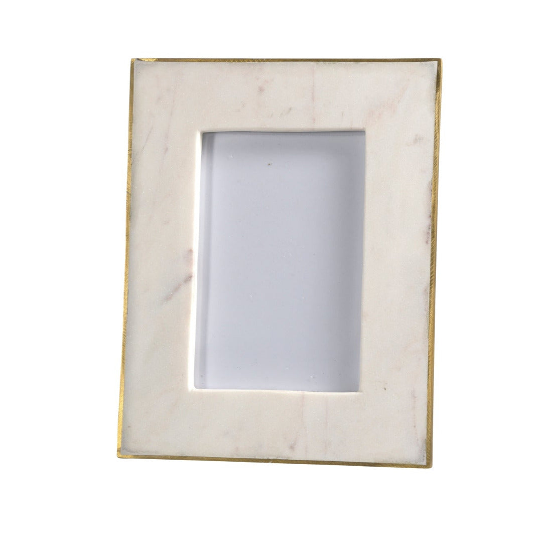 Rectangular picture frame with brass trim on a white background