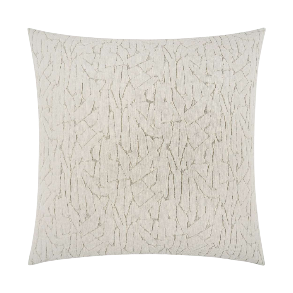 A square-shaped throw pillow with a beige color and a geometric pattern.