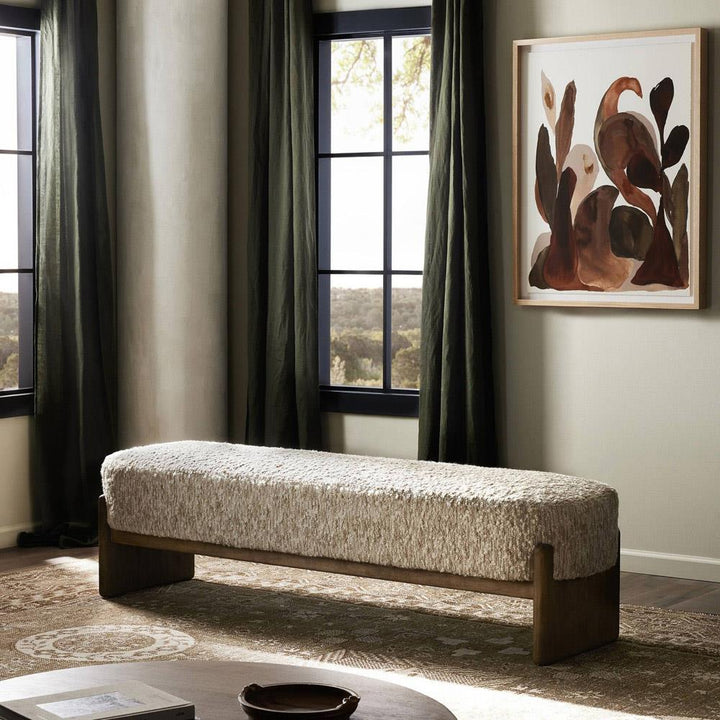 Leith Modern Classic Cream Upholstered Brown Wood Bedroom Bench