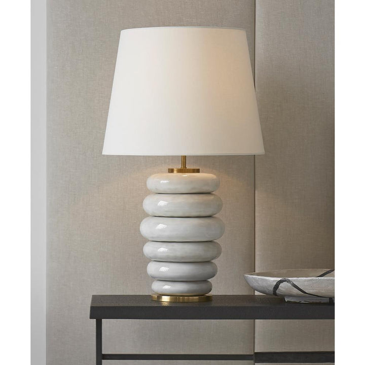 Visual Comfort Phoebe Antiqued White Ceramic Linen Shade Stacked Table Lamp