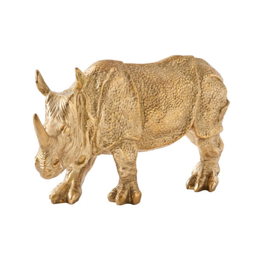 Solid brass rhino sculpture with textured hide on white background