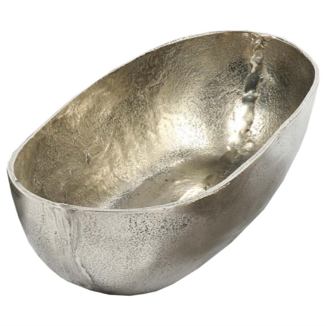 Silver bowl with textured surface on a white background