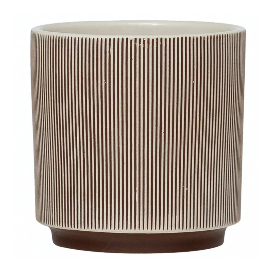 Small Textured Stoneware Planter - Brown and Cream