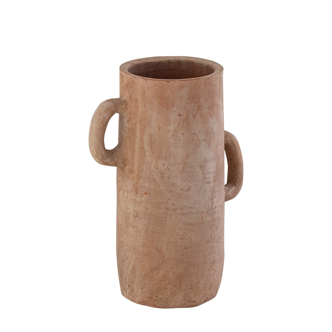 Terracotta vase with handles on a white background