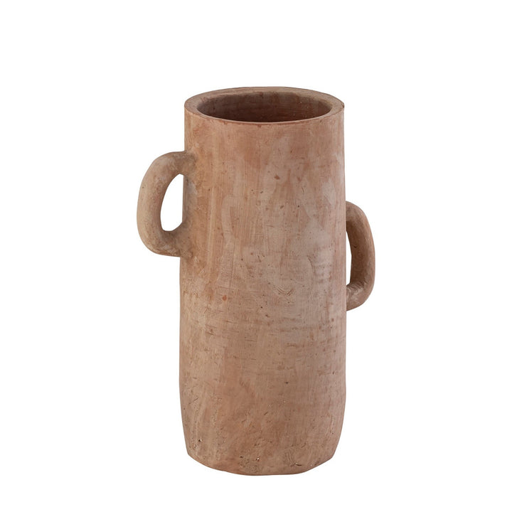 Terracotta vase with handles on a white background