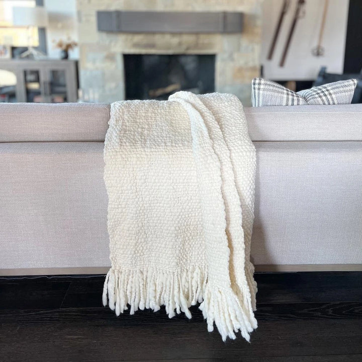 Sage Coastal Beach Bone Wool Handwoven Throw Blanket