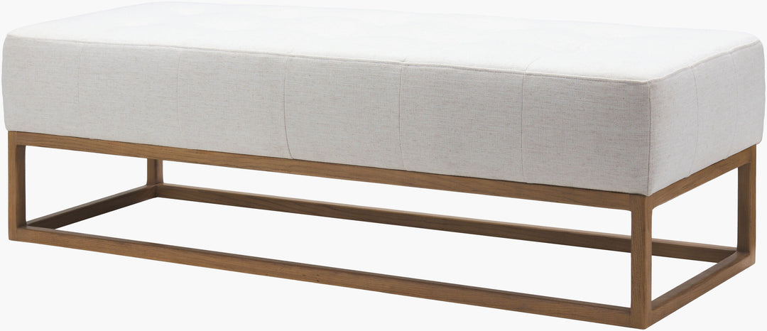 Willis Bench in light beige linen blend on stained ash legs, white background