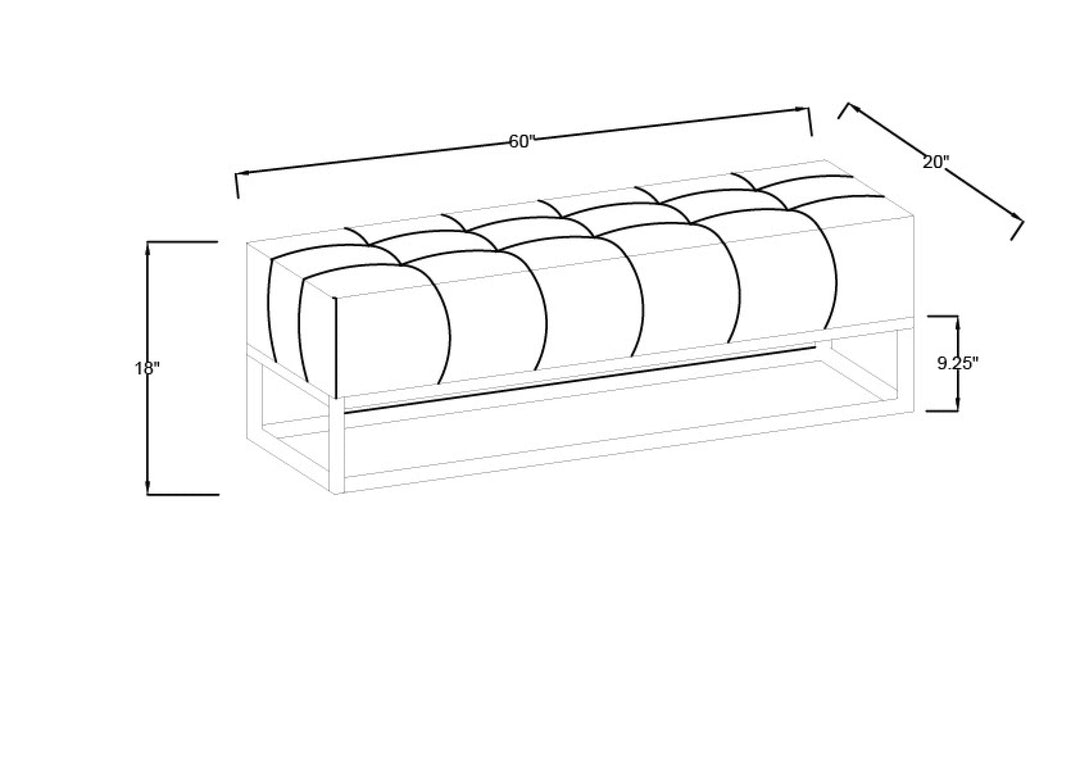 Willis Bench dimensions diagram, 60 inches wide by 20 deep by 18 high