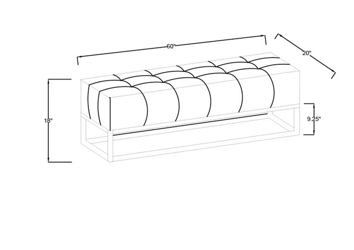 Willis Bench dimensions diagram, 60 inches wide by 20 deep by 18 high